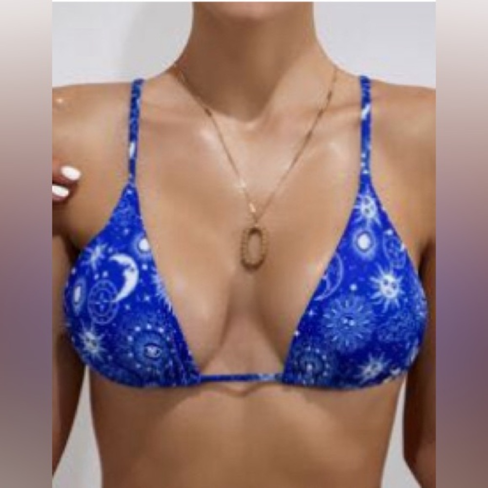 Shein Celestial Sun & Moon Print Triangle Bikini Top Blue Sz Large